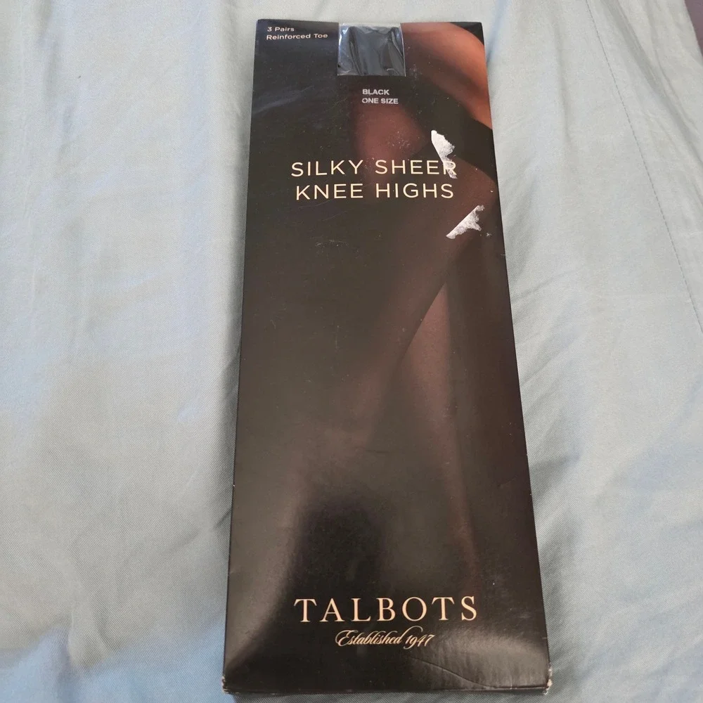 Talbots Silky Sheer Knee Highs Black Reinforced Toe Womens 3 Pairs One Size NIB